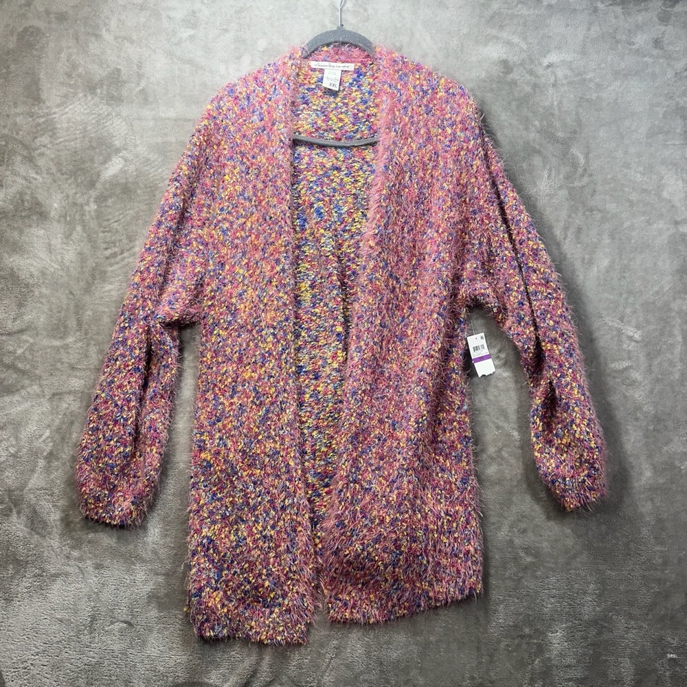 Woman’s American Rag fuzzy knit Textured Cardigan pink multicolor cozy Sz XXL